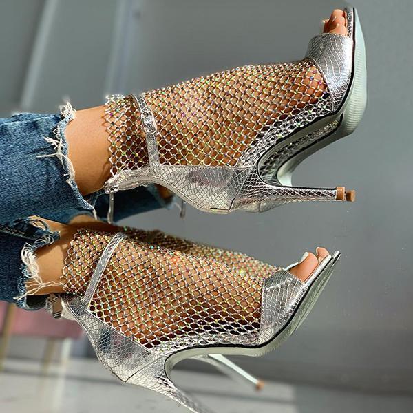 Solespairs Studded Grid Mesh Open Toe Thin Heels