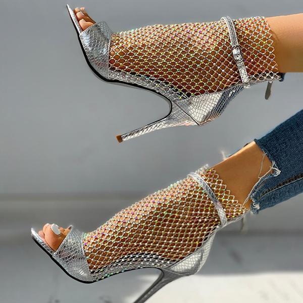 Solespairs Studded Grid Mesh Open Toe Thin Heels