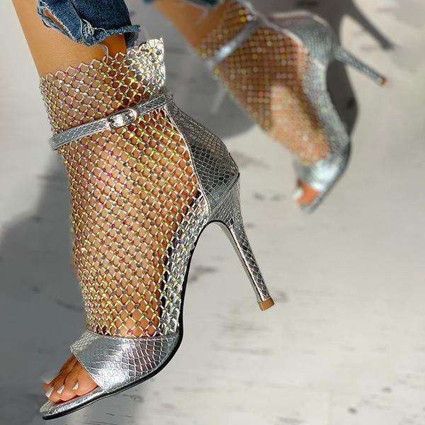 Solespairs Studded Grid Mesh Open Toe Thin Heels