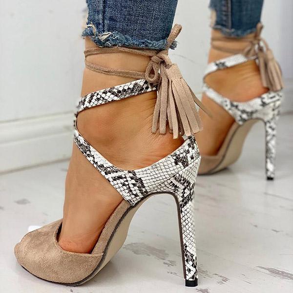 Solespairs Snakeskin Insert Crisscross Tied Ankle Thin Heels