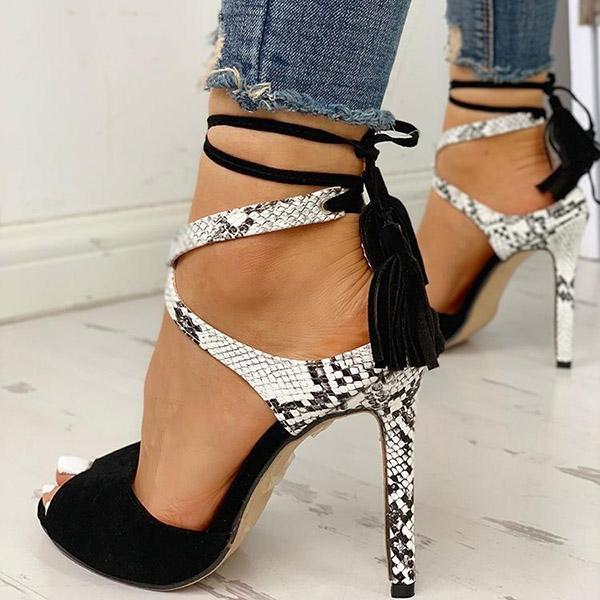 Solespairs Snakeskin Insert Crisscross Tied Ankle Thin Heels