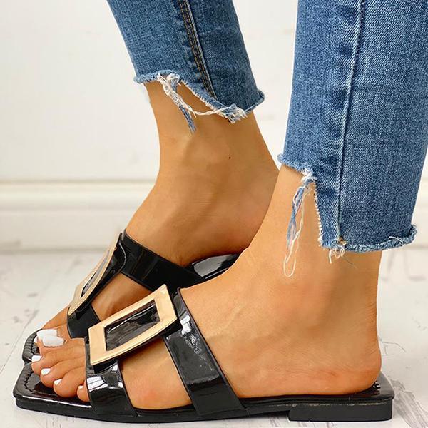 Solespairs Square Toe Buckled Flat Sandals