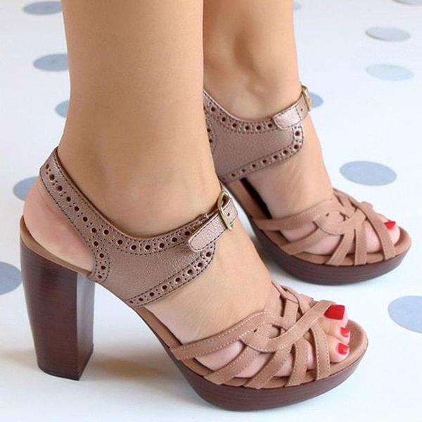 Solespairs Peep Toe Chunky Heel Pu Casual Buckle Sandals