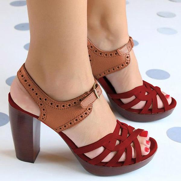 Solespairs Peep Toe Chunky Heel Pu Casual Buckle Sandals