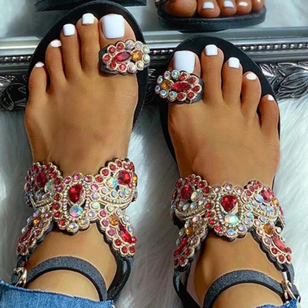 Solespairs Women Boho Toe Ring Studded Flower Pattern Flat Sandals