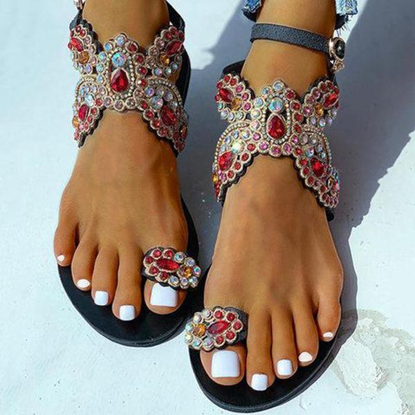 Solespairs Women Boho Toe Ring Studded Flower Pattern Flat Sandals