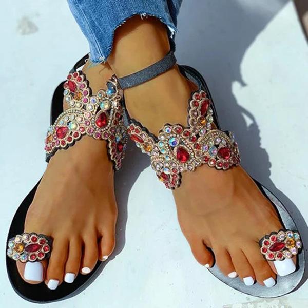 Solespairs Women Boho Toe Ring Studded Flower Pattern Flat Sandals