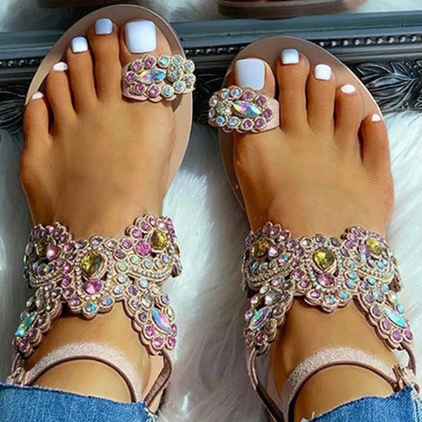 Solespairs Women Boho Toe Ring Studded Flower Pattern Flat Sandals