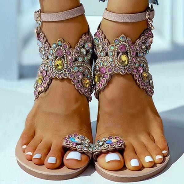 Solespairs Women Boho Toe Ring Studded Flower Pattern Flat Sandals