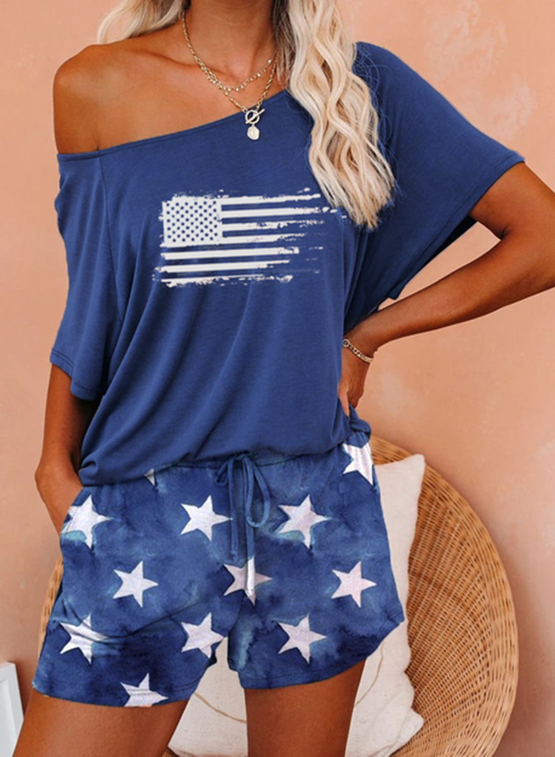 Women's Loungewear Sets American Flag Star Short Sleeve Round Neck Pencil Short Casual Loungewear Sets