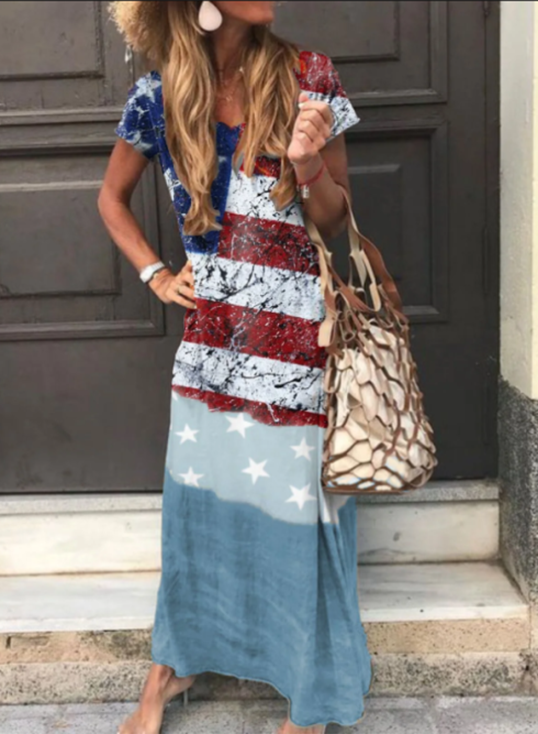 Women's American Flag Maxi Dresses Short Sleeve Shift Round Neck Beach Dress