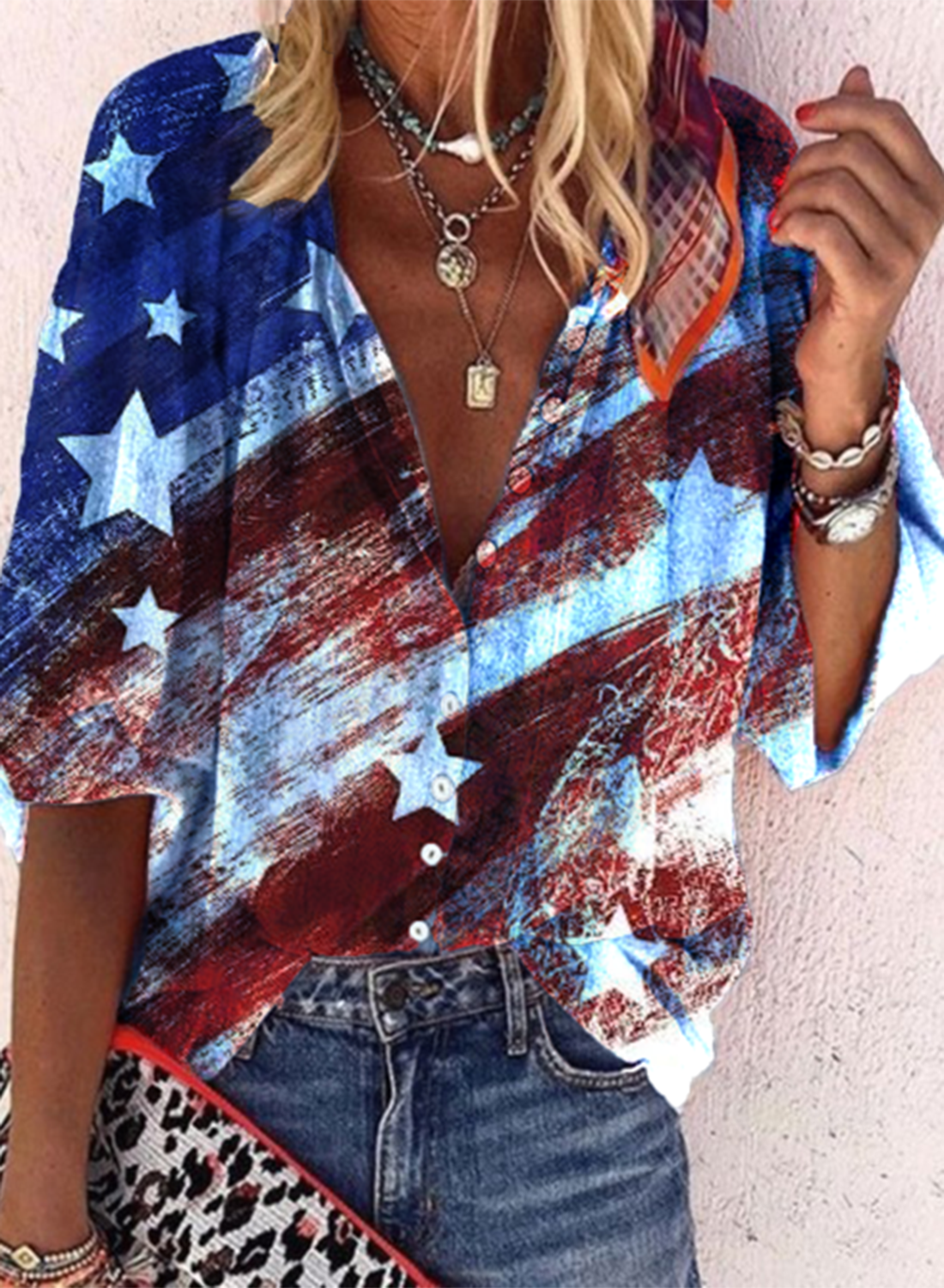 Women's American Flag Blouses Button V Neck Half Sleeve Casual Daily Blouses