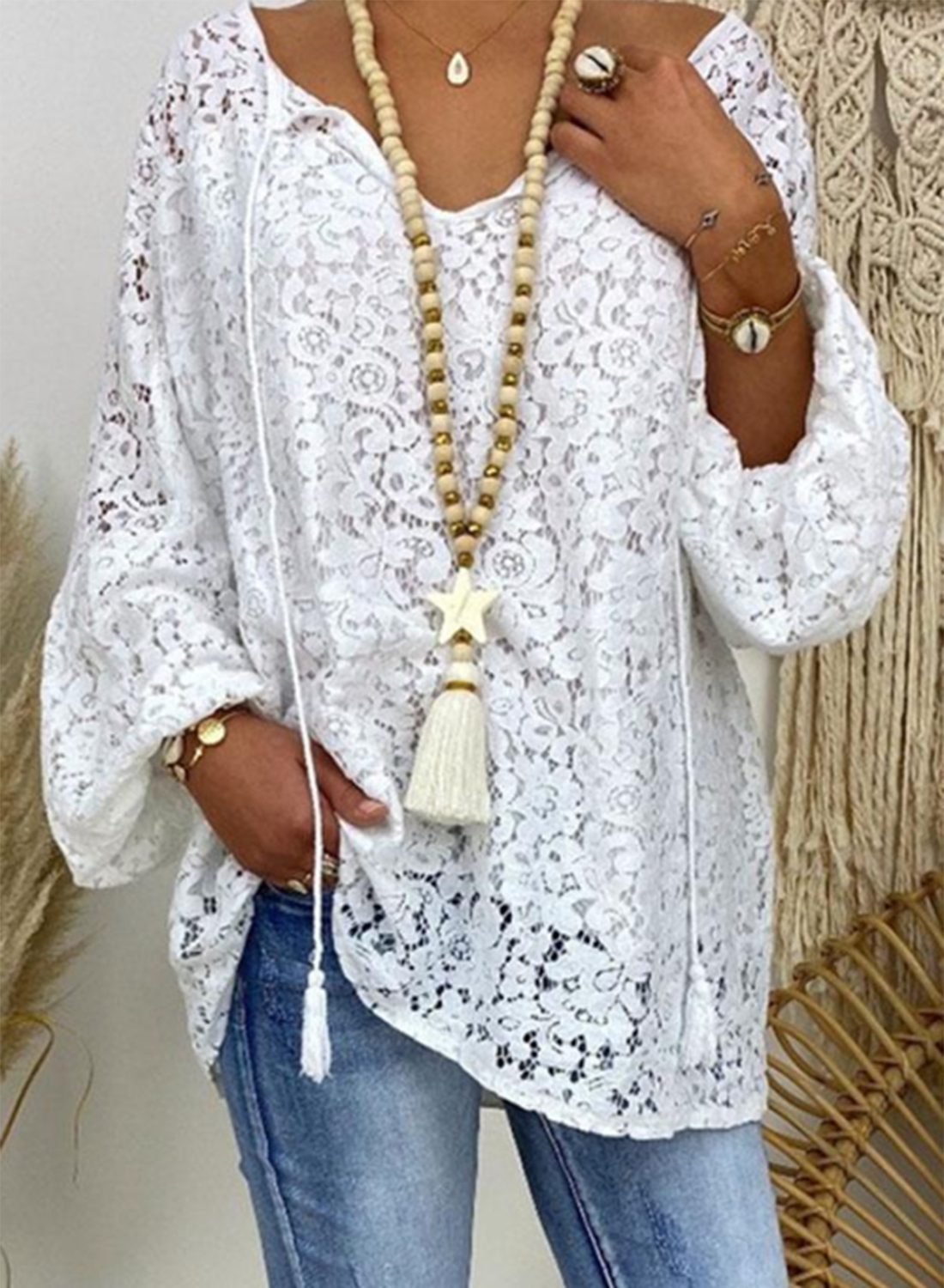 Women's Blouses Solid Lace Fringe Round Neck Long Sleeve Casual Daily Blouses