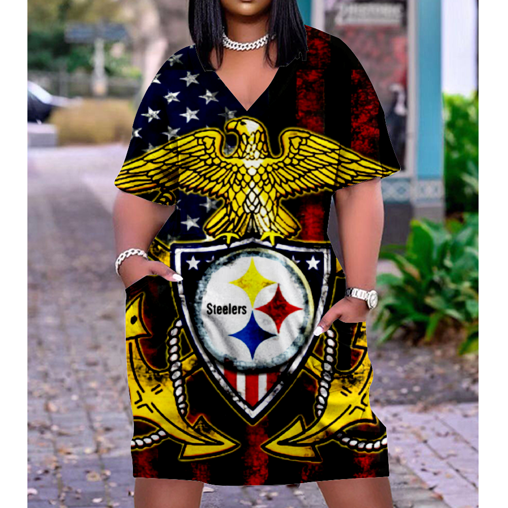 Pittsburgh Steelers V-Neck Jacket Short-Sleeved Bat-Sleeved Dress