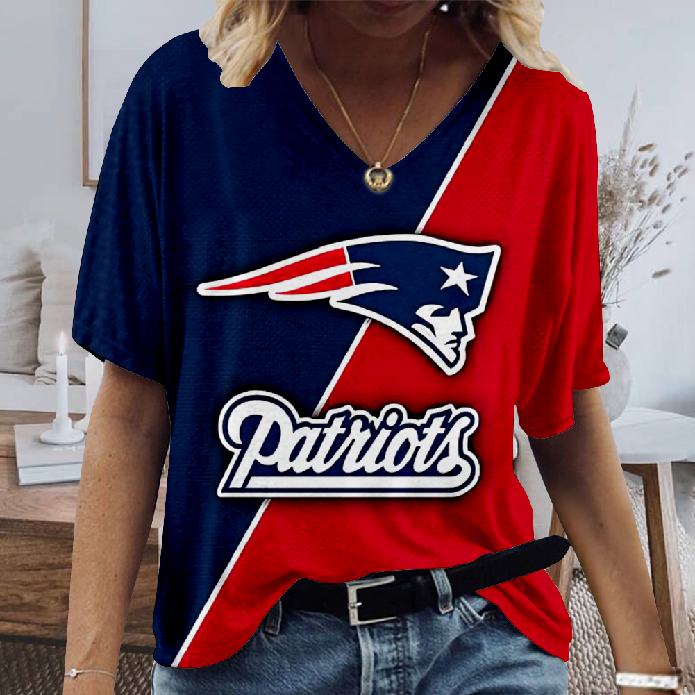New England Patriots V-Neck Short-Sleeved Loose Print T-Shirt