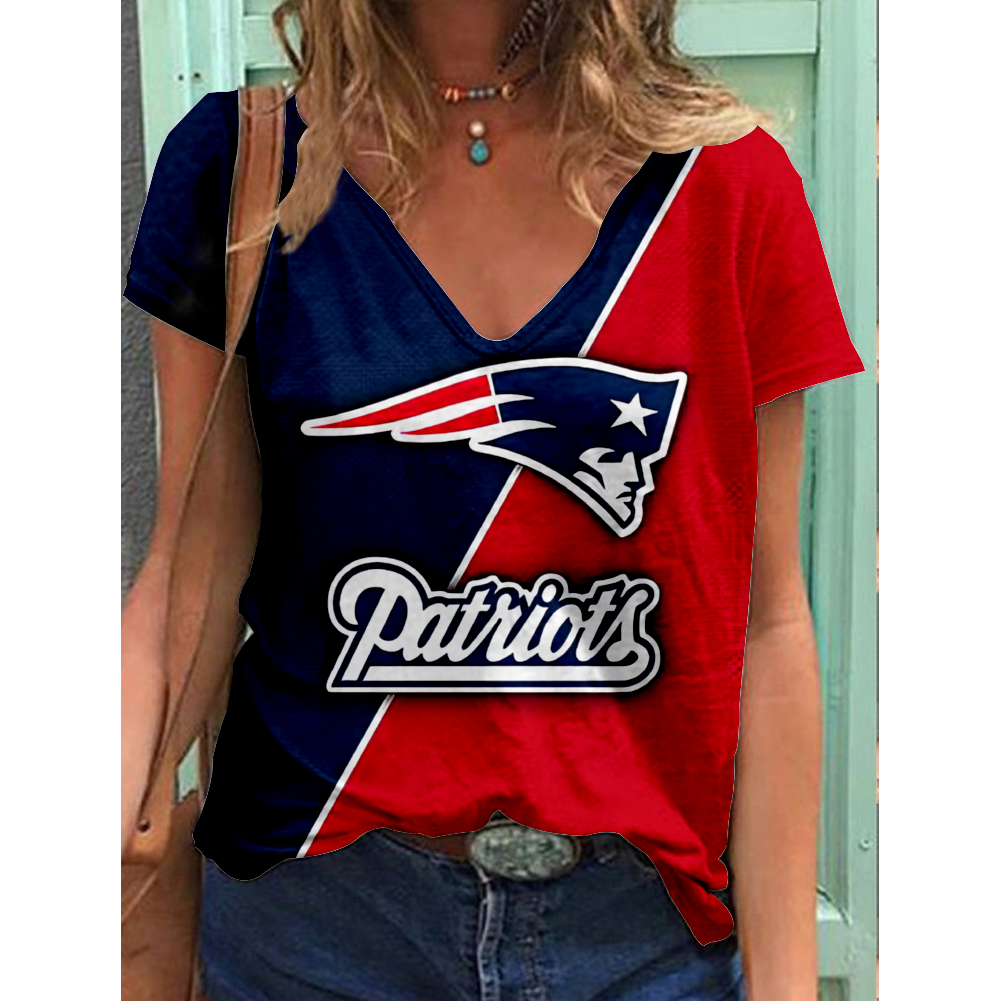 New England Patriots V-Neck Short-Sleeved Loose Print T-Shirt