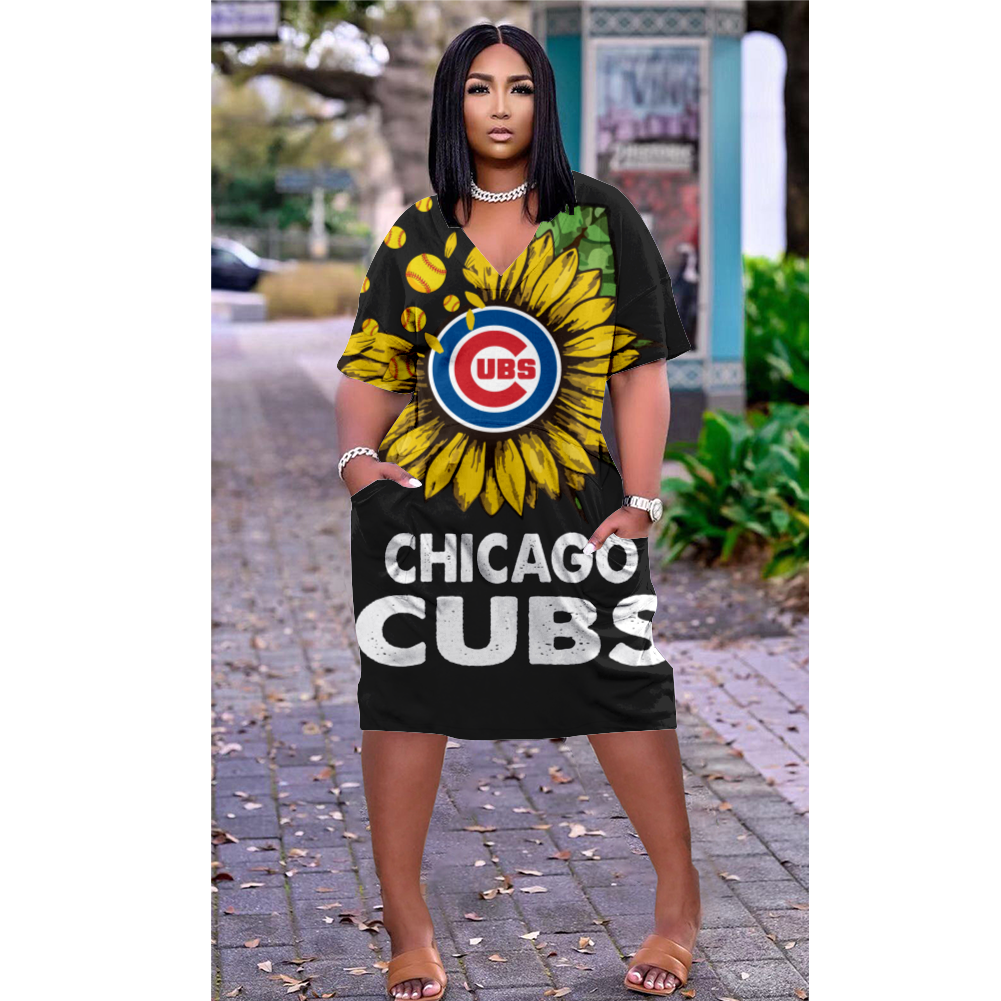 Chicago Cubs V-Neck Jacket Short-Sleeved Bat-Sleeved Dress