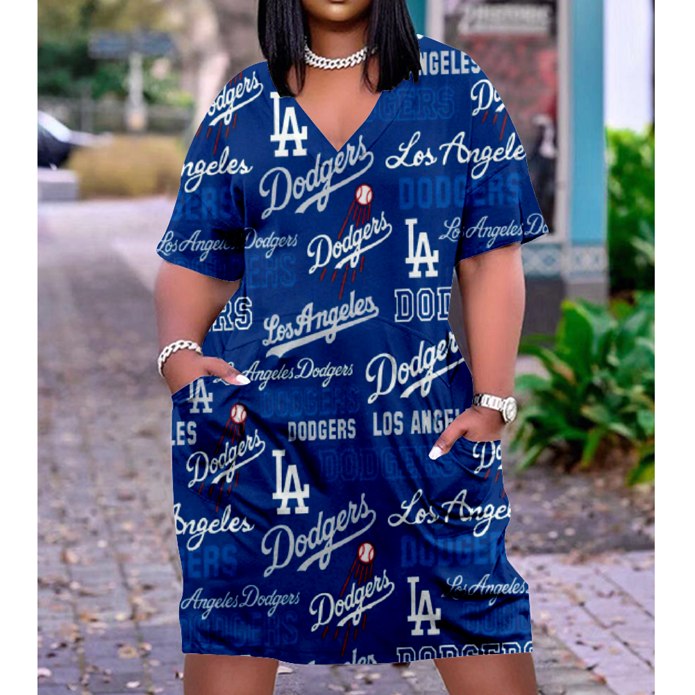 . LA Dodgers Print V-Neck Dress Short Sleeve