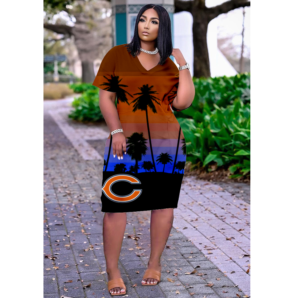 Chicago Bears Print V-Neck Dress Short Sleeve