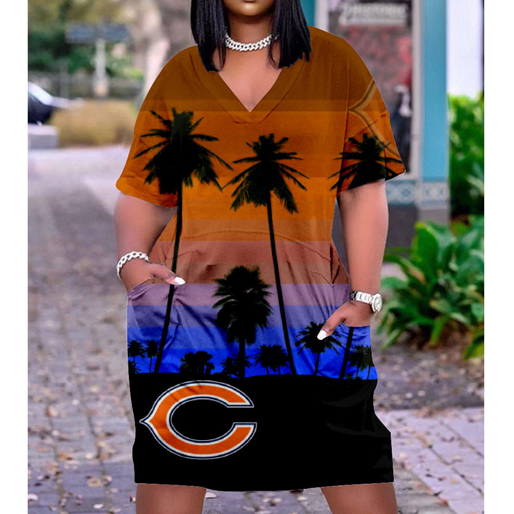 Chicago Bears Print V-Neck Dress Short Sleeve