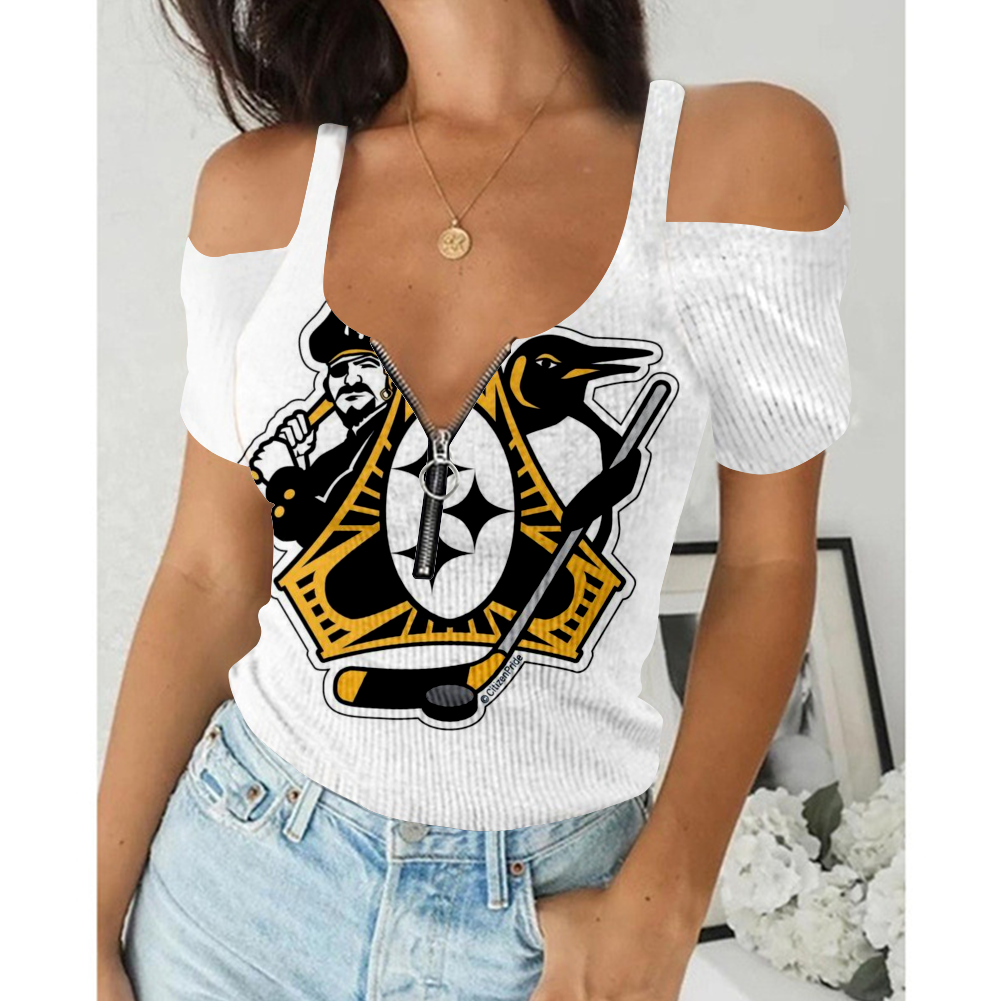 Women's Summer Pittsburgh Steelers Team Print Off-Shoulder V-Neck Zipper Slim T-Shirt