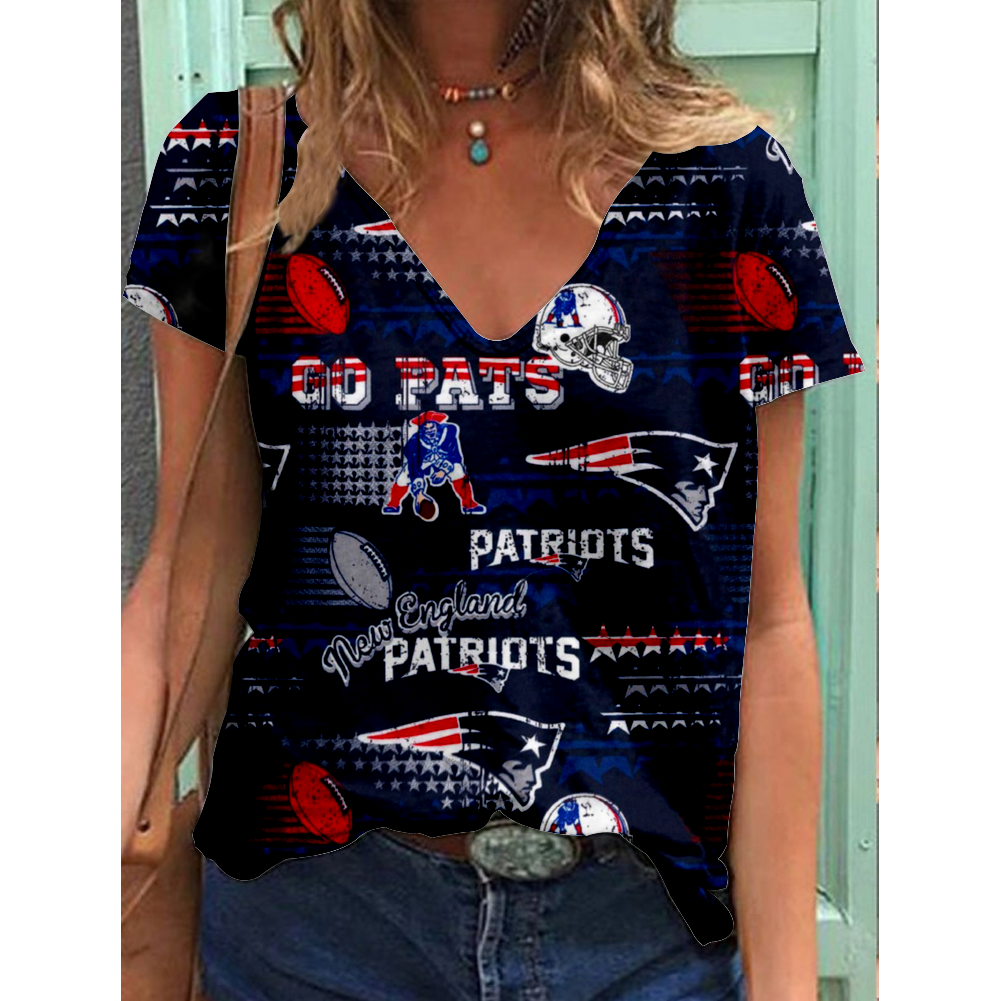 New England Patriots V-Neck Short-Sleeved Loose Print T-Shirt