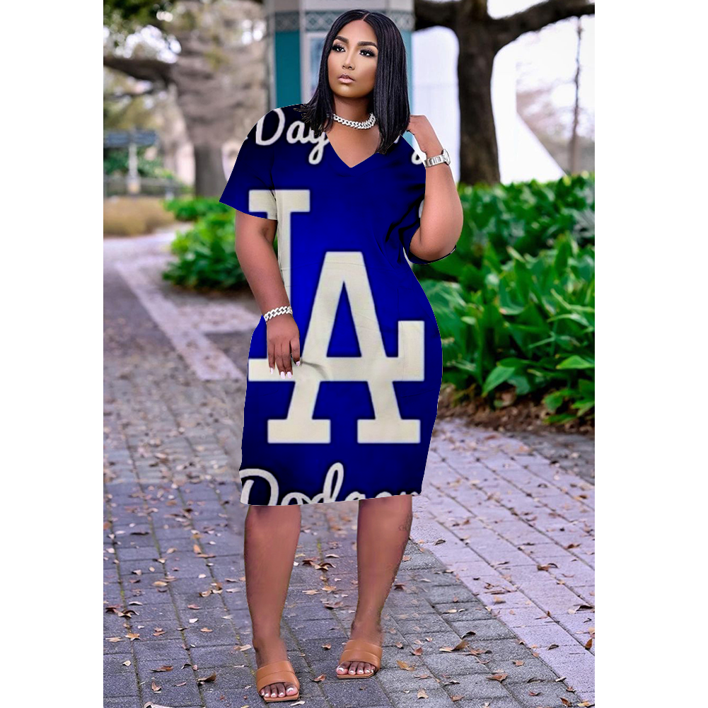 Los Angeles Dodgers Print V-Neck Dress Short Sleeve