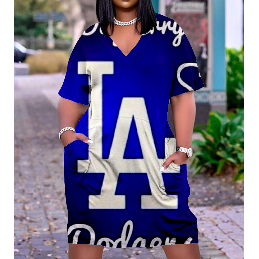 Los Angeles Dodgers Print V-Neck Dress Short Sleeve