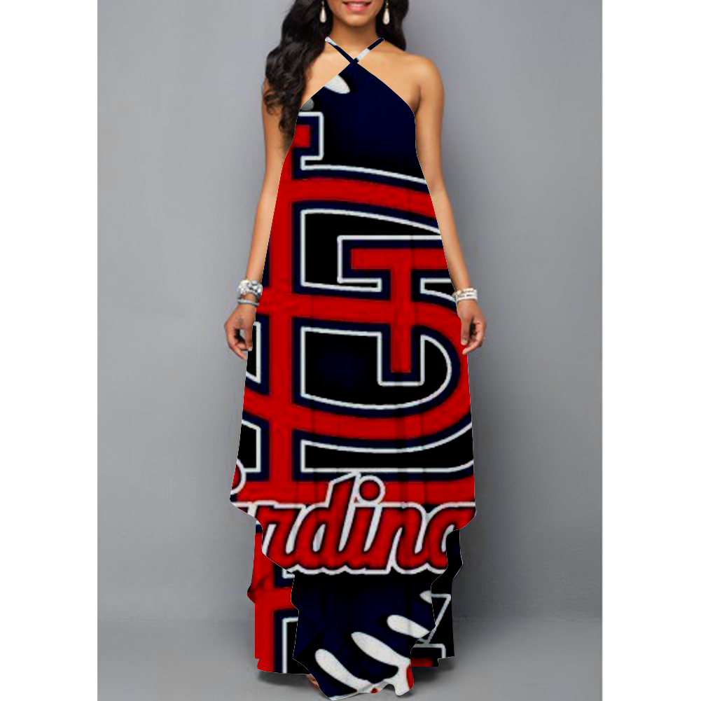 Women's St. Louis Cardinals Fans Printed Sleeveless Sling Irregular Hem Loose Long A-line Dress