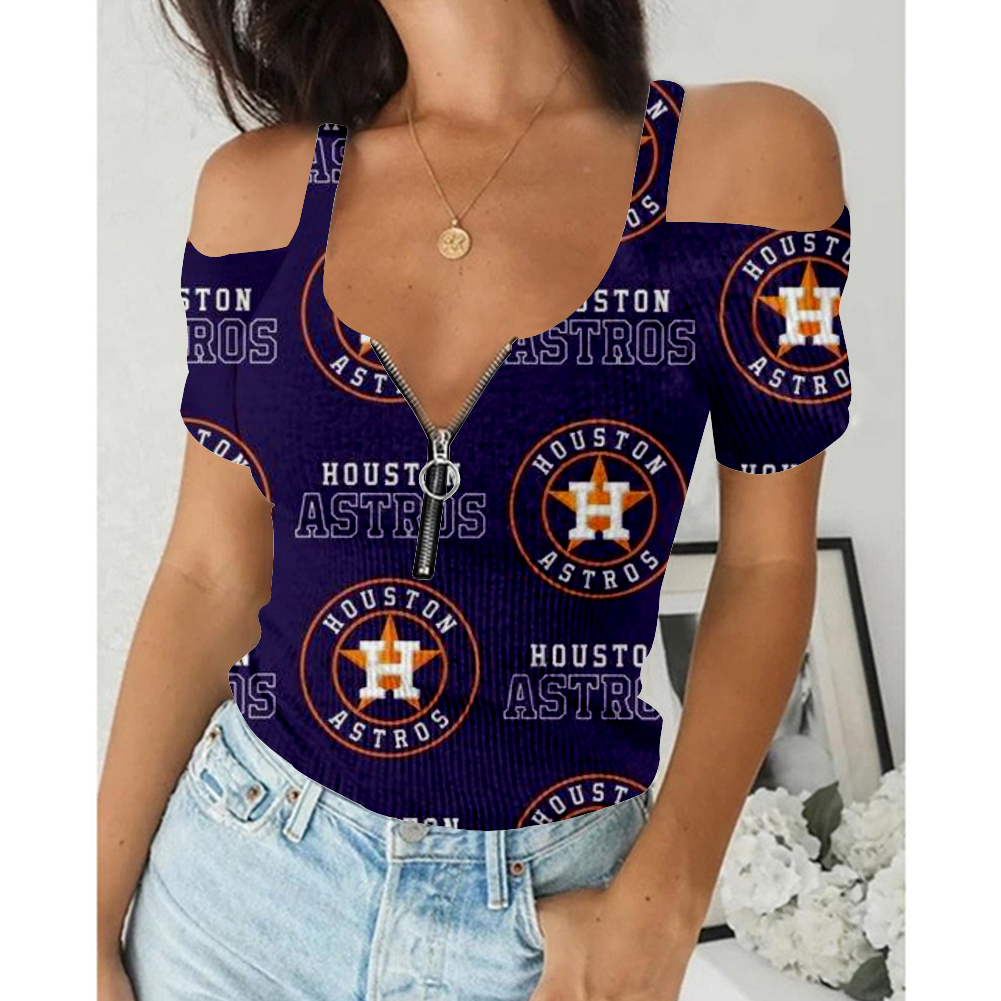 Women's Summer Houston Astros Team Print Off-Shoulder V-Neck Zipper Slim T-Shirt