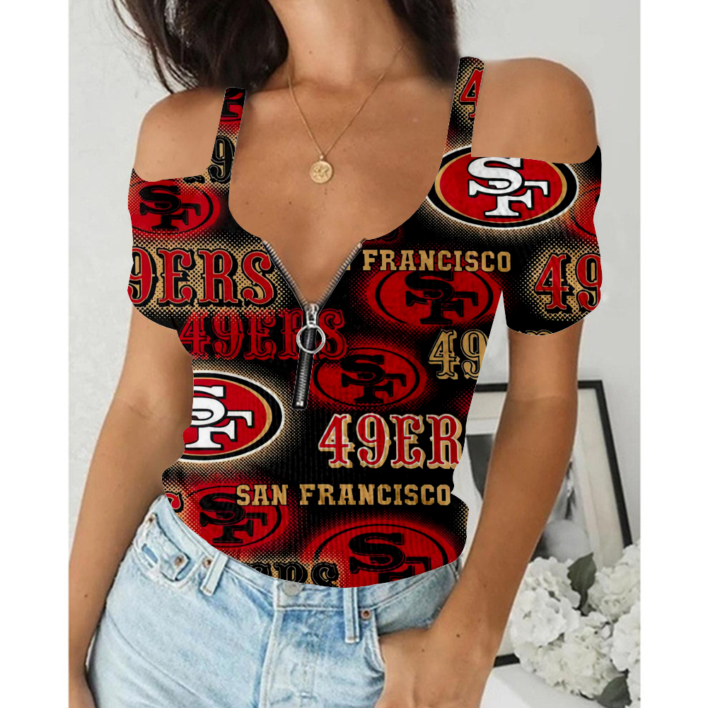 Women's Summer San Francisco 49ers Team Print Off-Shoulder V-Neck Zipper Slim T-Shirt