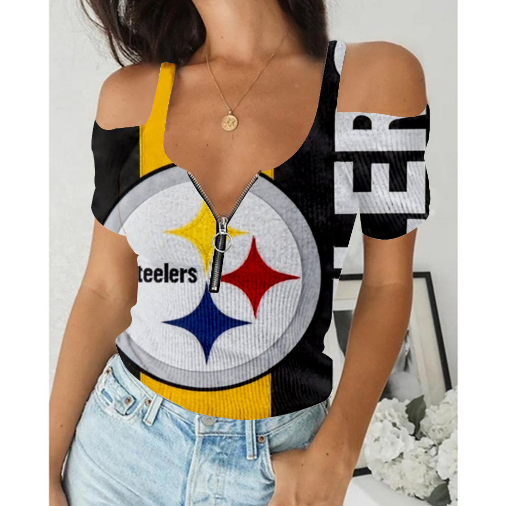 Women's Summer Pittsburgh Steelers Team Print Off-Shoulder V-Neck Zipper Slim T-Shirt