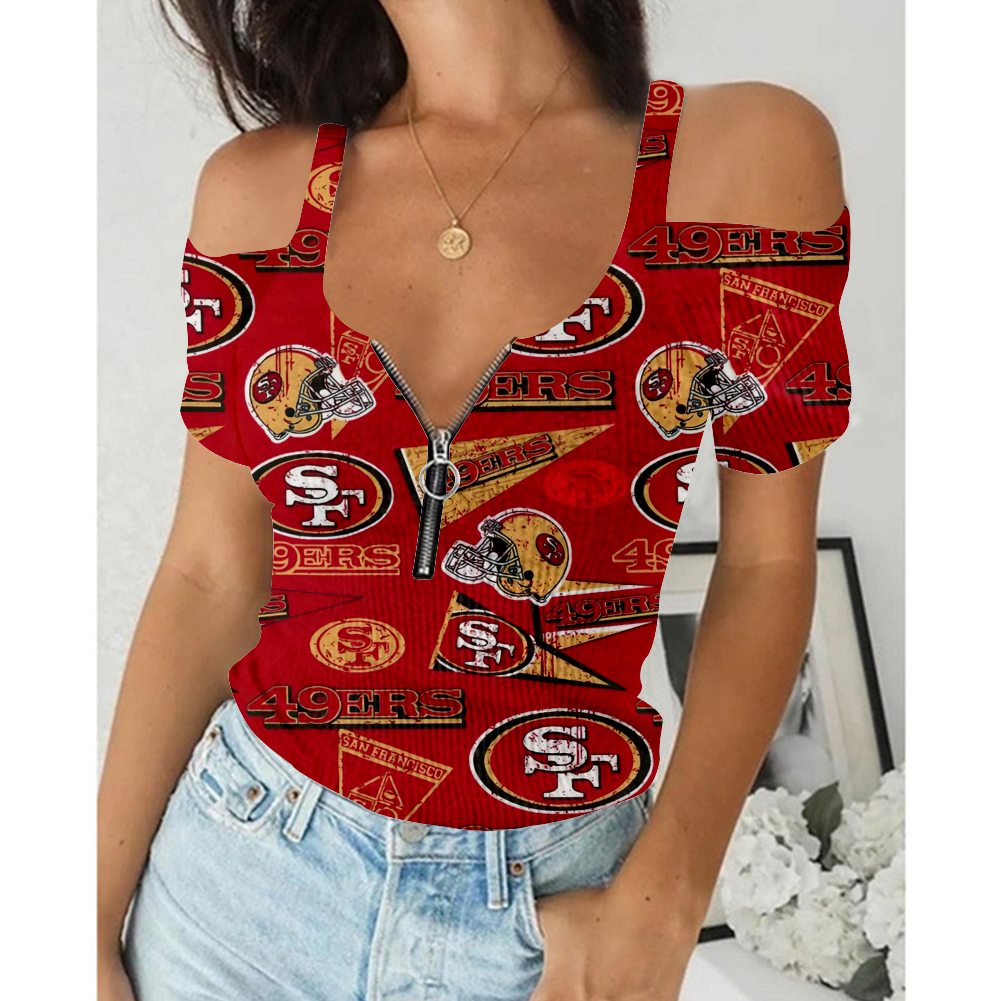 Women's Summer San Francisco 49ers Team Print Off-Shoulder V-Neck Zipper Slim T-Shirt