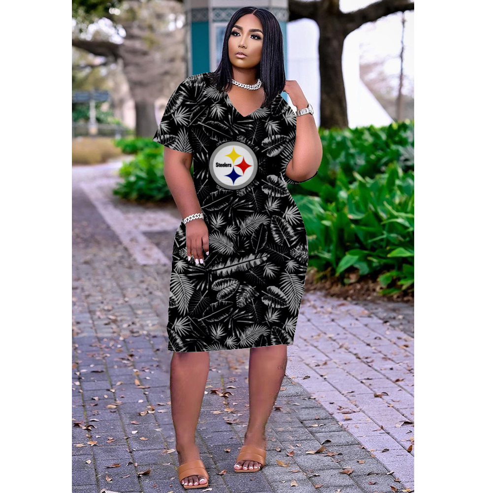 Pittsburgh Steelers Print V-Neck Dress Short Sleeve