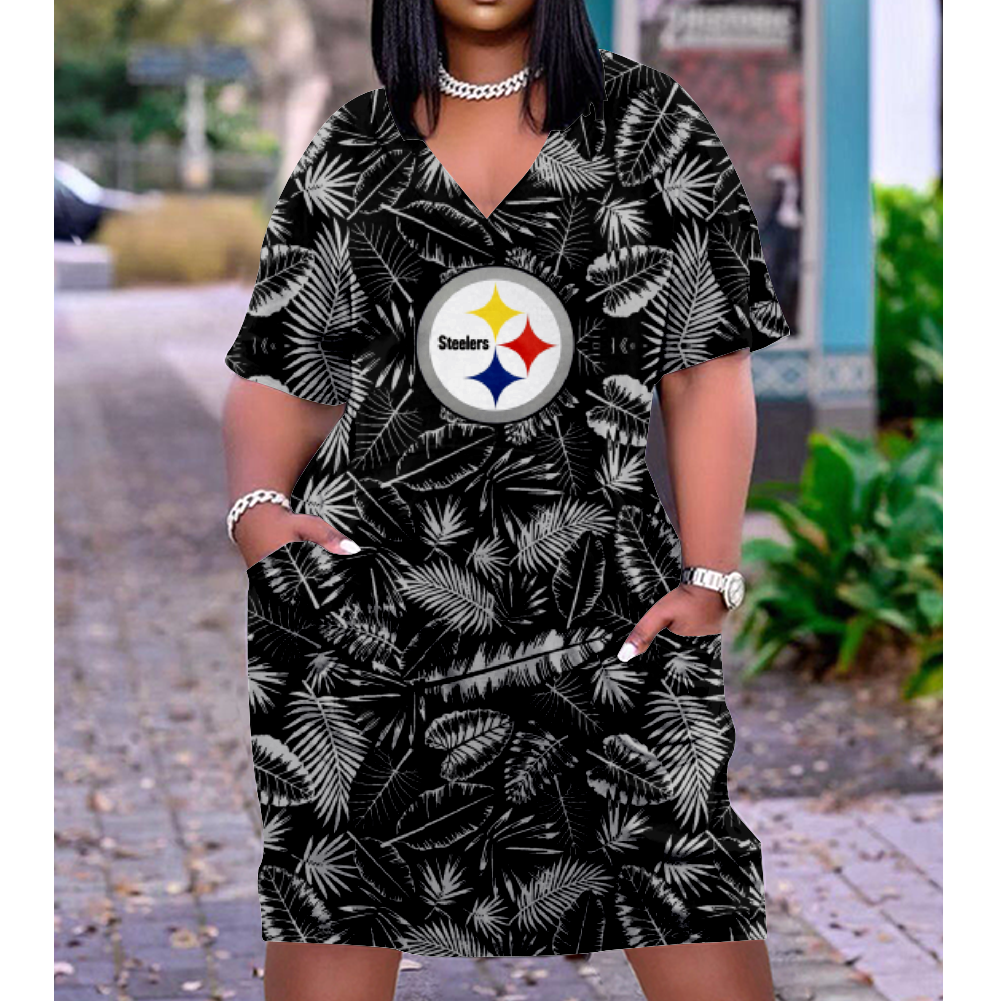 Pittsburgh Steelers Print V-Neck Dress Short Sleeve