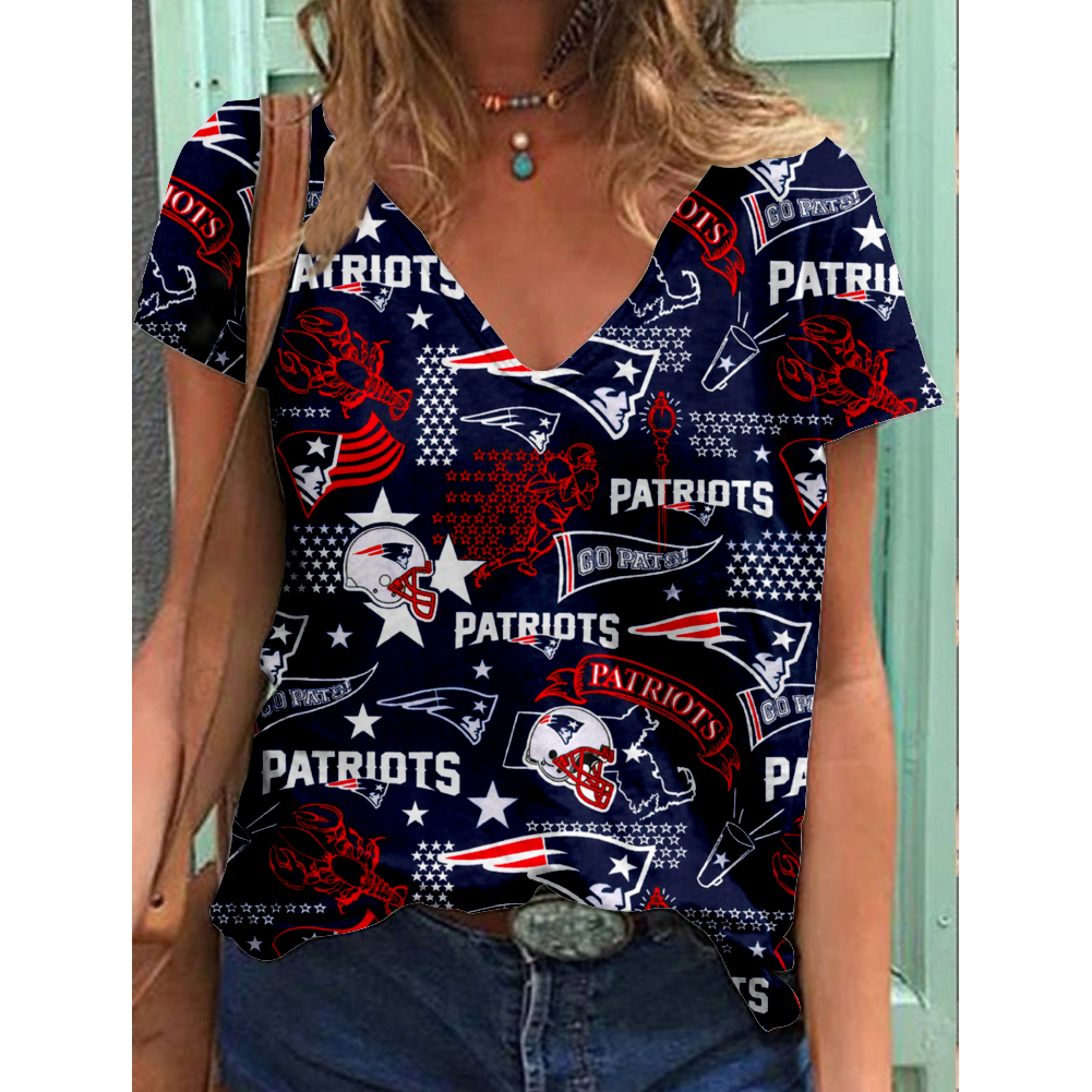 New England Patriots V-Neck Short-Sleeved Loose Print T-Shirt