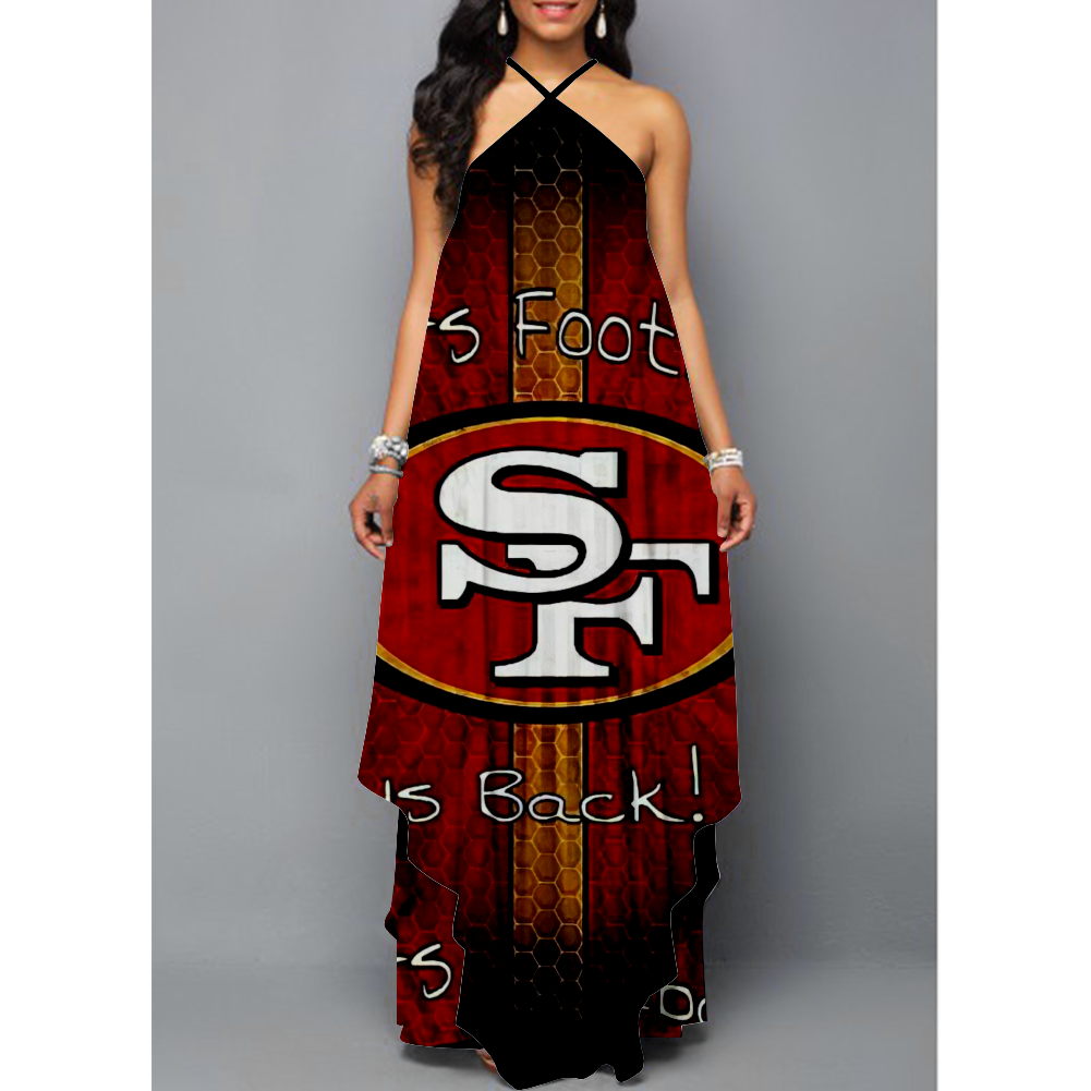 Women's Summer SAN FRANCISCO 49ERS Fans Printed Sleeveless Sling Irregular Hem Loose Long A-line Dress