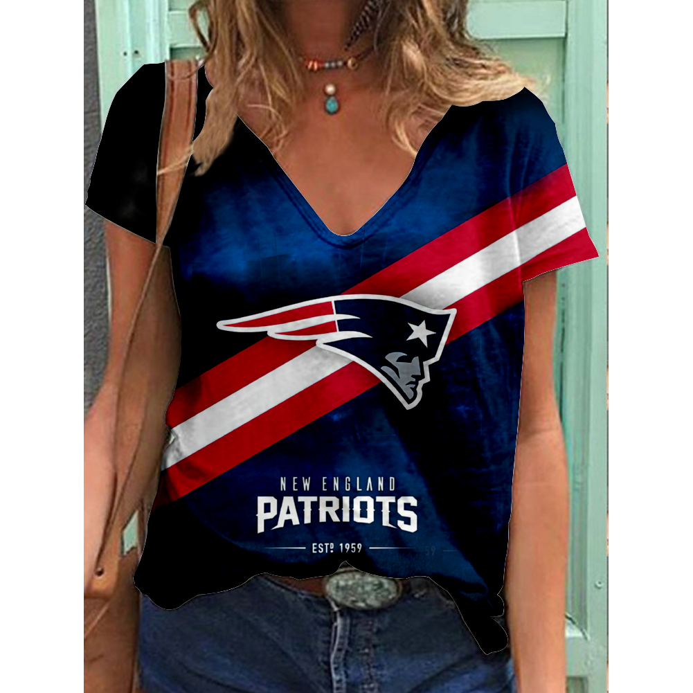 New England Patriots V-Neck Short-Sleeved Loose Print T-Shirt