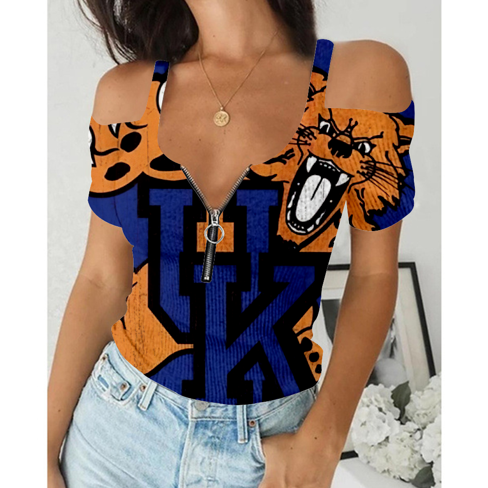 NCCAF Women's Summer Kentucky Wildcats Team Print Off-Shoulder V-Neck Zipper Slim T-Shirt