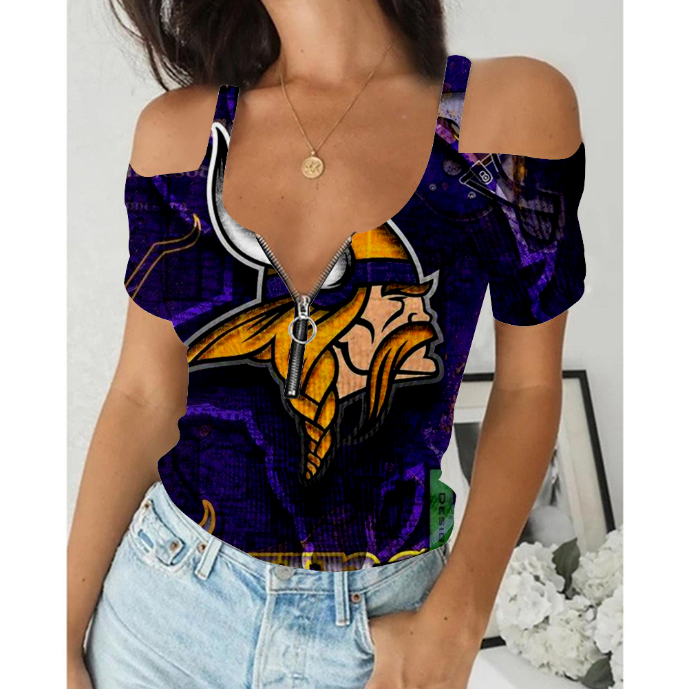 Women's Summer Minnesota Vikings Team Print Off-Shoulder V-Neck Zipper Slim T-Shirt