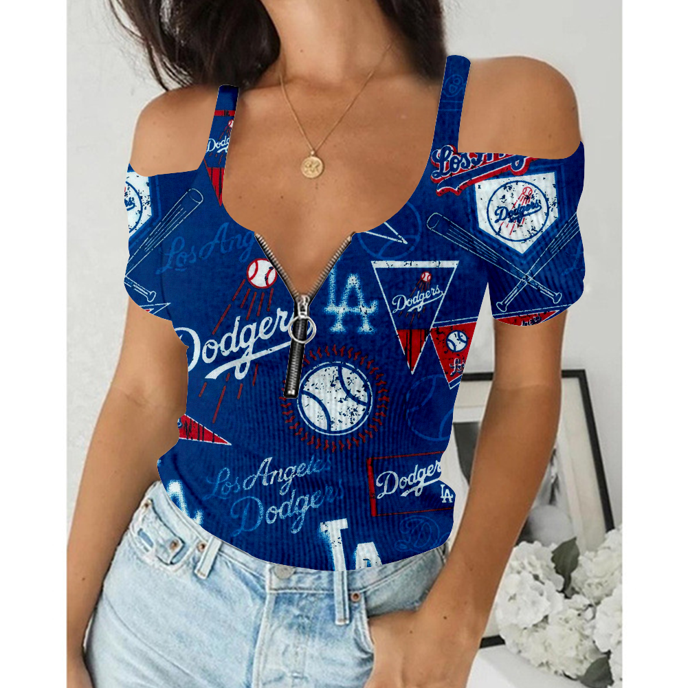 Women's Summer Los Angeles Dodgers Team Print Off-Shoulder V-Neck Zipper Slim T-Shirt