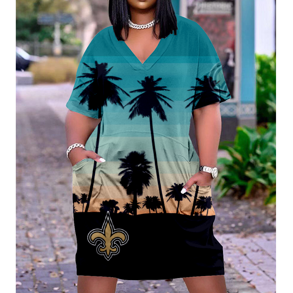 New Orleans Saints Print V-Neck Dress Short Sleeve