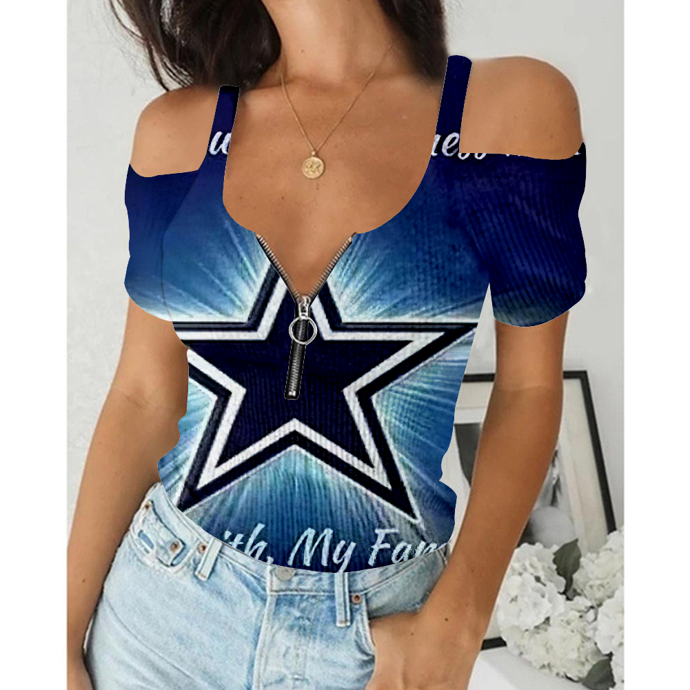 Women's Summer Dallas Cowboys Team Print Off-Shoulder V-Neck Zipper Slim T-Shirt