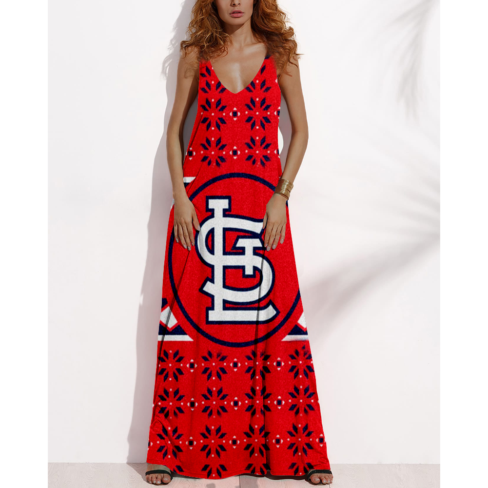 Women's Summer ST. LOUIS CARDINALS Fan Print V-neck Sleeveless Loose Long A-line Dress