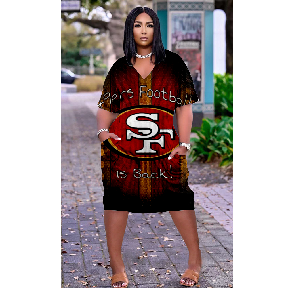 San Francisco 49ers Print V-Neck Dress Short Sleeve
