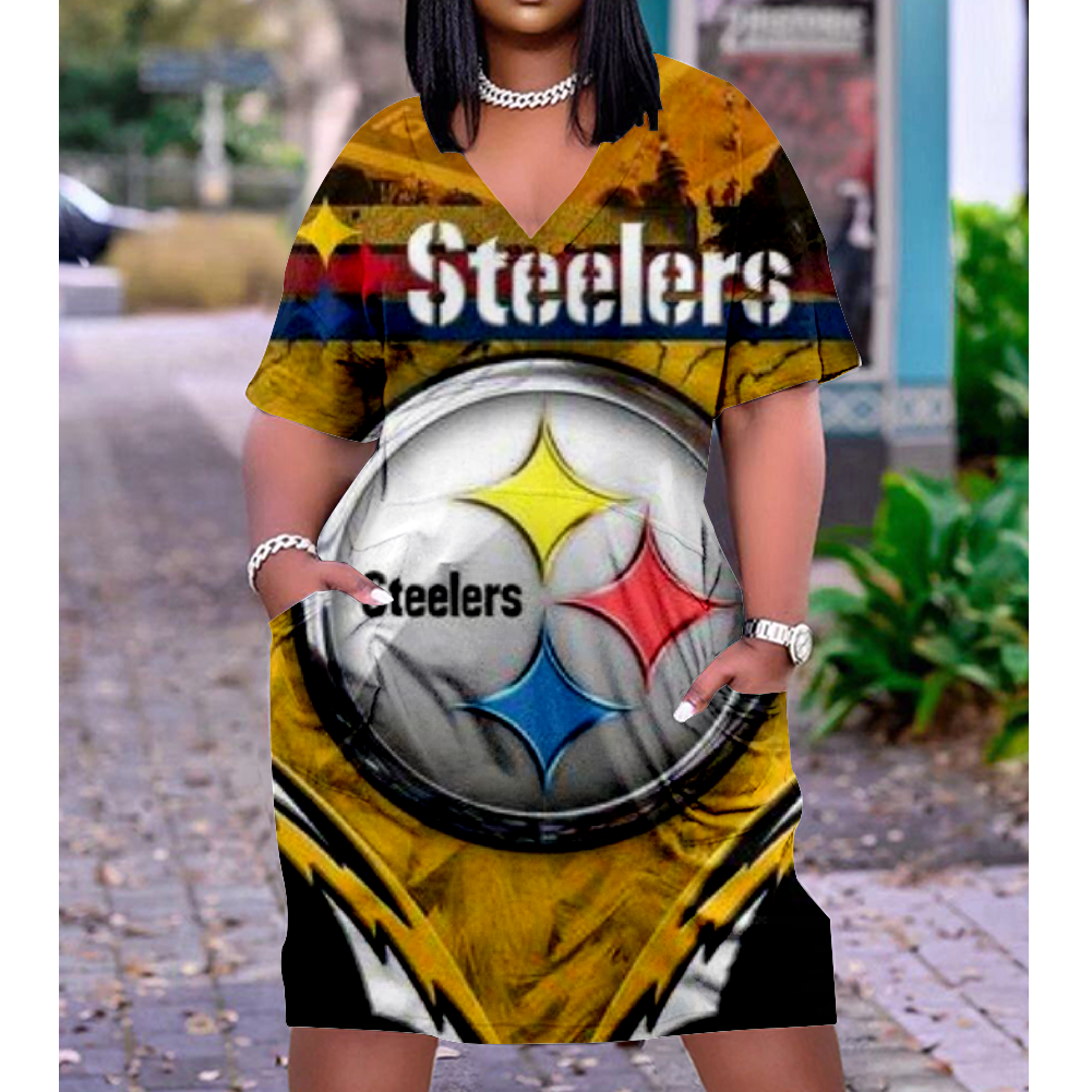 Pittsburgh Steelers V-Neck Jacket Short-Sleeved Bat-Sleeved Dress