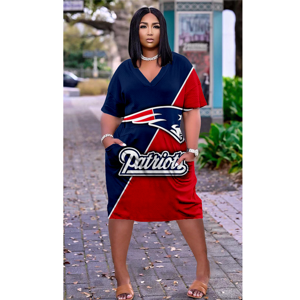 New England Patriots V-Neck Short-Sleeved Print Dress