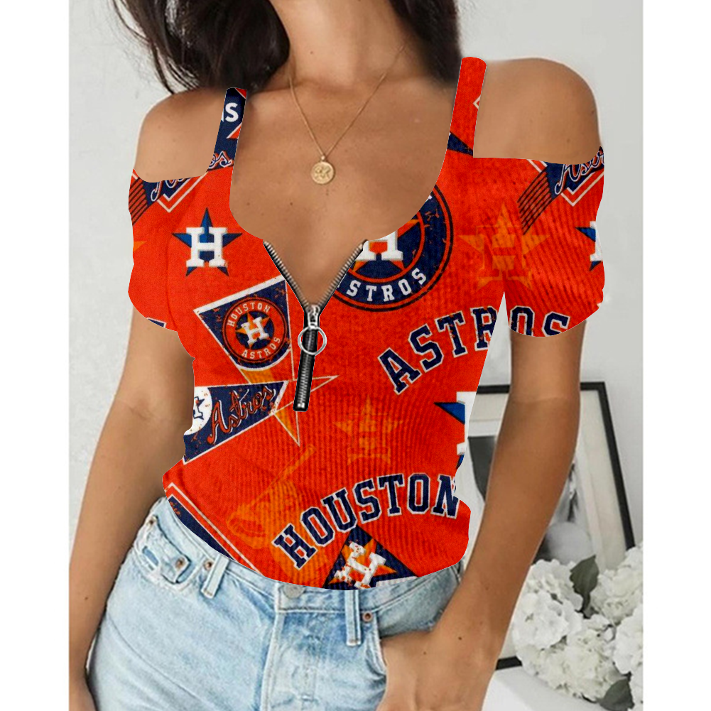 Women's Summer Houston Astros Team Print Off-Shoulder V-Neck Zipper Slim T-Shirt