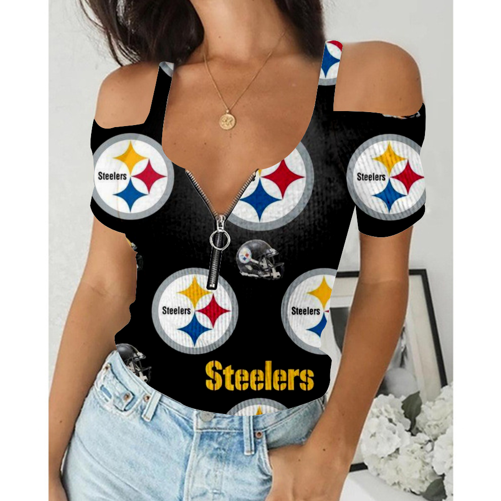 Women's Summer Pittsburgh Steelers Team Print Off-Shoulder V-Neck Zipper Slim T-Shirt