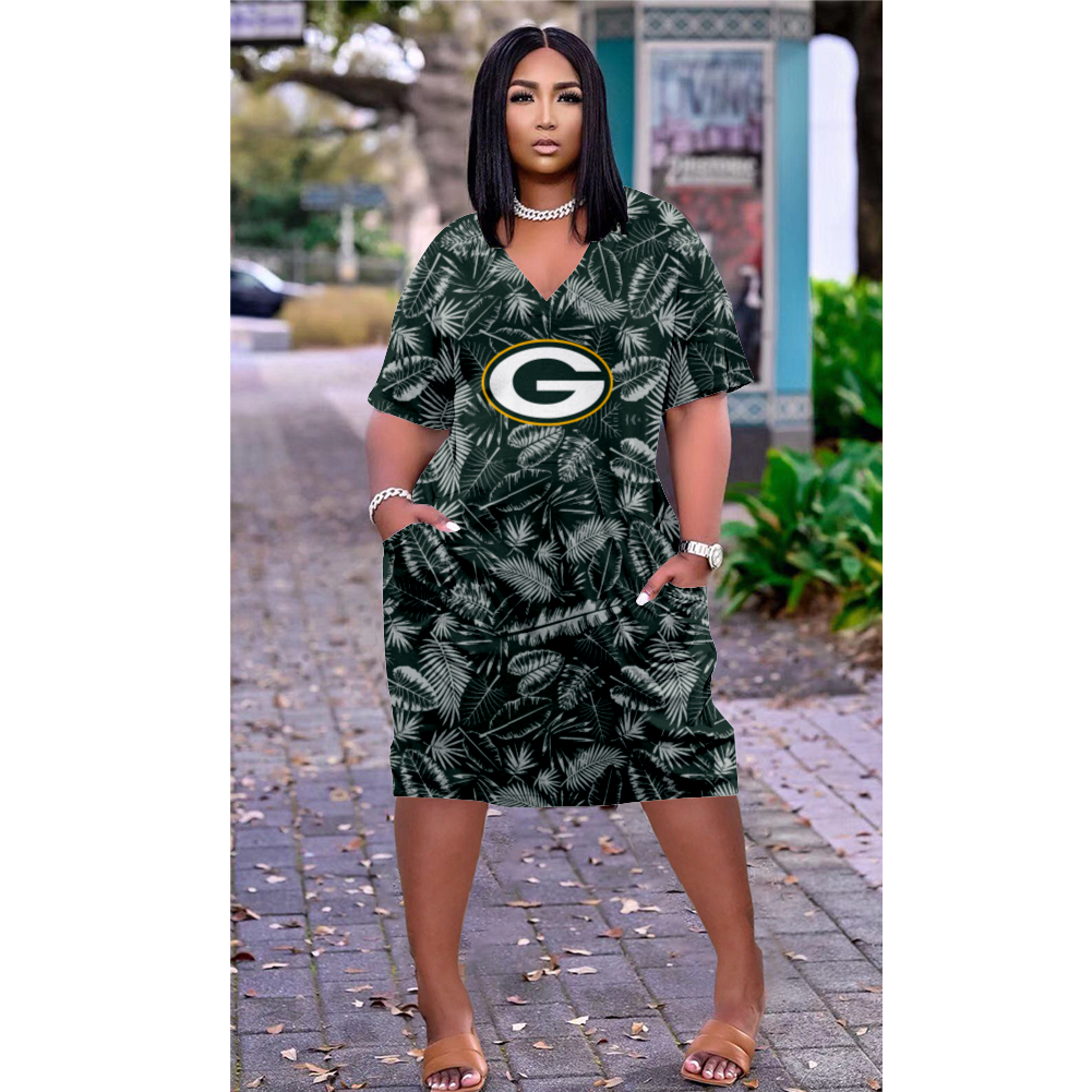 Green Bay Packers Print V-Neck Dress Short Sleeve